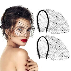 7237 2pcs Black Veil Mesh Headband 1920s Fascinator Headpiece Birdcage